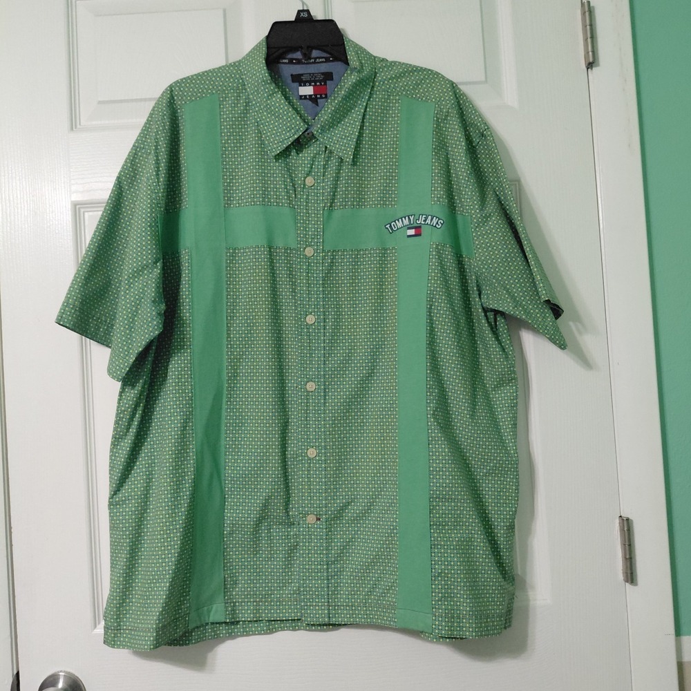 Vintage Tommy Hilfiger Jeans Casual Short Sleeve Button Up Shirt Size XXL Green